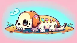 Cute chibi-style bony animal carcas, big ribs pointing up, lying on the ground, cartoony, colorful, exaggerated, simplified,