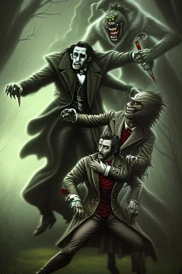 Frankenstein monster and the wolfman fighting each other as Dracula stands by and watches