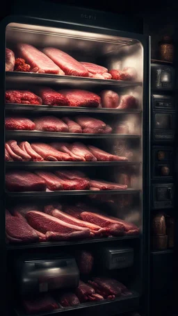 Si-Fi, The permanent under atmospheric lighting effects, a whole shelves of a refrigerator filled with meat , intricate historical moody atmosphere, eerie grimdark ambiance, complex motherboard accents, speculative fiction art. Bokeh