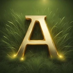 the letter A, 3d letter design, made of highly shiny gold metallic finish, glowing lights, kept on natural grass, highly realistic