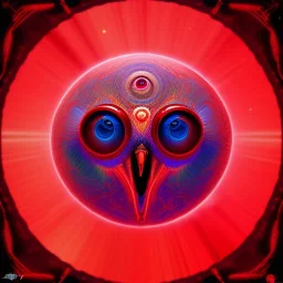 psychedelic owle, red color scheme, photography