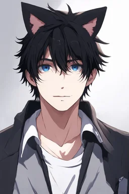 A young man with messy black hair, black cat ears on his head, blue eyes. No human ears.