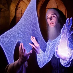 Cleric casting a magic spell, projecting hologram, 8k resolution, high-quality, fine-detail, iridescent, intricate, detailed matte, beautiful face, regal face, volumetric lighting, illustration, brian froud, howard lyon, selina french, anna dittmann, annie stokes, lisa parker, greg rutowski, frank miller, tim burton