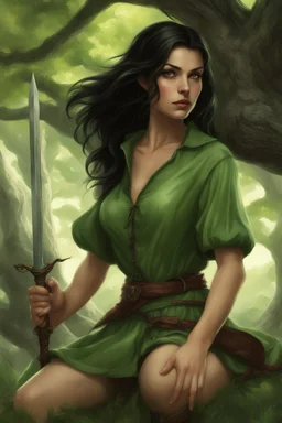 A young dark-haired witch in a green low-cut short skirt, standing under a tree, with a sword in one hand, photorealistic, delicate detail.