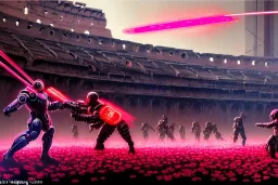 cyborgs fighting against each other in roman colosseum, perfect, sharp,red blossoms, laserweapongs,8k quality, cyberpunk art, neon lights, rustical, old technology, pink shining, showkampf, antik, römisches empire, wide angle,Art by John Berkey and John Harris and Craig Mullins, futuristic cyberpunk city, high rise, smooth, sharp focus, hyper detailed, digital painting, elegant, centered, detailed, neon signs, volumetric lightning, brutalist architecture, 8k, flying hover cars