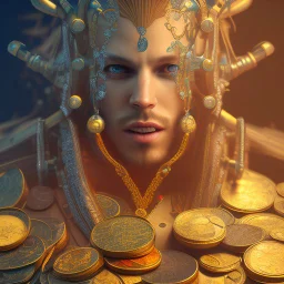 dynamic lighting, Intricately detailed, Splash screen art, deep color, Unreal Engine, volumetric lighting, silver coins, pile of coins, pirate treasure, stacked coins,