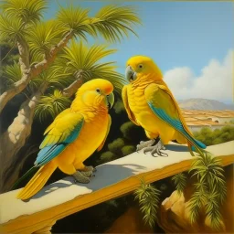 Neoclassicism realistic yellow orange cote d'azur parakeets landscape sea