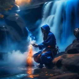 the last yoga ninja throwing smoke bomb into waterfall, 8k, down-light, soft light, depth of field, photo realism, trending on art station, high detail