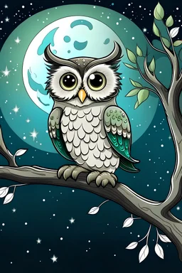 A cute baby owl perched on a branch in a moonlit forest, with twinkling stars overheadcoloring pages for kids, white background, full body, only use outline, no shadows, clear and well outlined