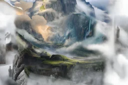 in the foreground, sheer cliffs reveal the ground far far below. reaching the top of those cliffs, a foggy valley reaches out, ended by another sheer cliff.