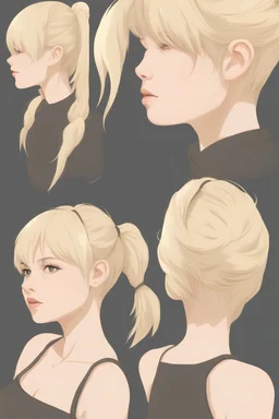 blond Pixie-Cut, Choppy Pixie Ponytail, Braided ponytail (Japanese:caucasian:american)