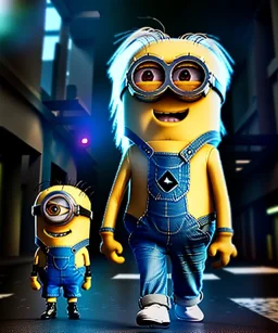 Minion toddler, cyberpunk, full body, white hair, leather jacket, dramatic lighting, hyper realistic