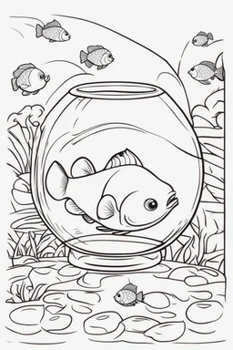 blank colouring book, white blank background, simple picture for toddlers, fish in a glass bowl, disney and pixar style