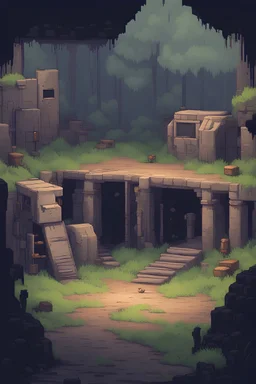 A 2d pixel art environement for a platformer video game. Old abandoned military camp underground.