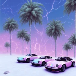 1980's aesthetic vaporwave palm trees with porsche in the winter snow with lightning