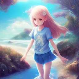 Little girl day, sunny, relaxing, sea, trees, real details anime style, realistic, glowing beach