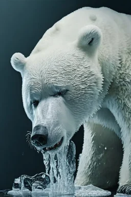 polar bear melting into white liquid, hyper-realistic photography, detailed expression of agony, hyper-realistic fur and anatomy details, dark colour tone, epic colour treatment, cinematic colour treatment, meticulously intricate perfectly symmetrical extremely detailed, pixiv daily ranking, pixiv, extreme depth of field, artstation, sculpture style, spectacular details, volumetric lighting, masterpiece, cinematic, Hollywood production, 8k resolution, high definition, max o