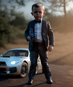 James bond toddler, full body, gun, car, dramatic lighting, hyper realistic