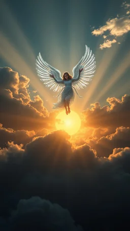 A beautiful angel with shiny crystals wings glowing flying above swirling clouds, emerges from the heart of a raging storm. Turbulent winds of steam swirl around the sun lit by shafts of sunlight that cast dramatic shadows on the A beautiful sun , High quality 16k cinematic scene and great photography