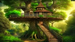 treehouse merged into tree. fairy tale world, magical beasts, dense forest, high resolution , tree bridge,