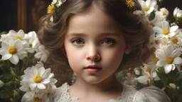 49216. young little girl, head and chest, perfect eyes, flowers, exquisite composition, beautiful detailed intricate insanely detailed octane render trending on artstation, 8k artistic photography, photorealistic concept art, soft natural volumetric cinematic perfect light, chiaroscuro, award-winning photograph, masterpiece, raphael, caravaggio, greg rutkowski, beeple, beksinski, alma tadema, Bouguereau