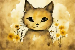 good night picture in ochre, double exposure, merged layers, burned burlap, cute chibi anime cat, beautiful surrealistic composition, melting watercolor and black ink on wet paper in sunshine, flowers, heart and love, ethereal, cinematic postprocessing