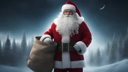 santa claus in north pole,carrying a sack of christmas presents, stars,deep dark,,fog,8k, volumetric lighting, Dramatic scene