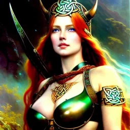 portrait 'beautiful Sexy Busty Redhead Sif',braided long hair,horned helmet, celtic tattoed,crystal clear green eyes,painting by gaston bussiere, greg rutkowski, yoji shinkawa, yoshitaka amano, tsutomu nihei, donato giancola, tim hildebrandt, oil on canvas, cinematic composition, extreme detail,fit full head inside picture,32k