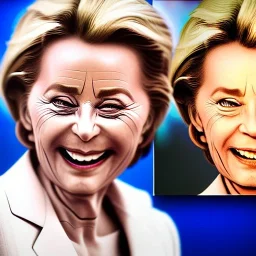 Ursula von der Leyen, 3d animation, Pixar Studio movie style, pixar's UP style, rounded face, laughing wrinkles, eye wrinkles, big circular reflective eyes, exaggerated cheekbones, huge forehead, huge haircut, unreal engine cinematic smooth, cartoonish, portrait of a politician,