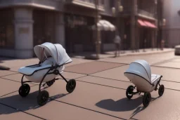 Looking downward at a Large baby carriage on a sidewalk. The baby in the carriage looks like A young Donald Trump