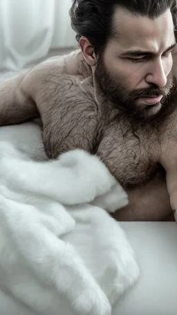 photorealistic, photography, full figure shot, an hairy men sleeping over an old sofa, hands behind the neck, Realistic photography, well defined facial features, strong muscular chubby sweat dirty arab, ugly , 38 years old , open legs, manly chest, big shoulders, manly torso, long beard, dirty ripped tracksuit , very dark living room, dim light, ambient occlusion, view angle from below, frontal view from the ground