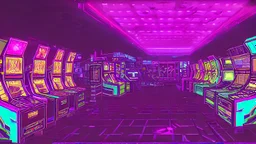 A dark photo of the corners of an 80's aesthetics arcade at night, with a lot of functioning arcade machines, a vaporwave floor and some colorful tiles in between the floor. Purple aesthetics.