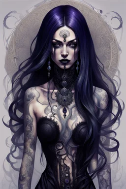 illustrration of a woman with dark purple-black long hair and black tattoos on her body, a cold, indifferent expression, silver and black onyx jewelry, black lace dress, cybernetics, crepy stunning anthropomorphic female, Minjae Lee vibe, cbybernetic and etheral human, ancient deity, by Vincent Lefevre and Yoshitaka Amano, stunning