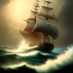 frank frazetta style, pirate ship, ocean, storm, night, sea monster