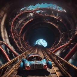 Roller coaster cars coming down a large decline going into a scary looking tunnel with a surreal mouth painted around it, photographic, grand, HD, kinetic, colorful, bioshock Infinite aesthetic