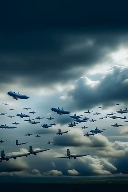 Looking up above in the The cloudy stormy sky filled with a lot of Boeing B-52 Stratofortress airplanes