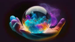 Chrystal ball to look into the future, hands around the ball, smoke appearing inside the ball, pink, dark blue, orange, yellow, aqua blue, very detailed and realistic