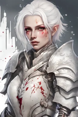 40 years old, female, left cheek sword wound cut scar, blood splatter on left cheek, scarred left cheek, side parted messy bob white hair, silver eyes, full body, pale white skin, half elf, detailed eyes, dehydrated, Vivid colors, intricate details, wearing complex fractal white metalic armor, plated armor, reflective eyes, detailed eyes, Cinematic lighting, Volumetric lighting,Photorealism, Bokeh, Very high detail