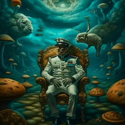 portrait of macho army officer on a bar chair inside mushroom grove with huge fluffy space chinchilla in the style of Salvador Dali, 4 k, down-light, soft light, depth of field, photo realism, trending on art station, high detail, spray paint