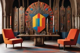 (design by Mario Bellini, 1970) imagine an armory filled with items that scream historical allure and quirky style. The sword with bold geometric engravings steals the spotlight, proudly displayed alongside a shield adorned with psychedelic patterns. Take a seat on the shaggy, vibrant-toned chairs for a moment of respite amidst the weapon display. The sleek, angular weapon racks showcase relics from ancient battles, while the fiery-colored torches cast a warm glow over the arsenal, their intric