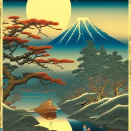 Ukiyo-e styled art, stream, mountain, sun, family on a boat