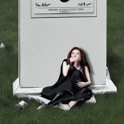 Girl crying laying next to a tombstone