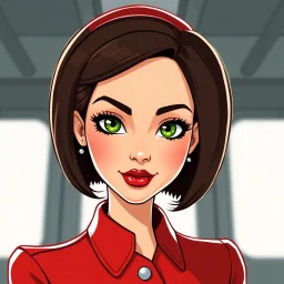 realistic cartoon style passport photo of a beautiful brunette French stewardess who looks just like Elodie Cherie. she has red uniform, short bob cut, pouty shiny red lips, long eyelashes and green eyes. she also has a red leather collar.