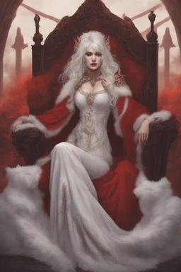 Beautiful white haired Vampire queen on her throne, drawing. Wearing a red cloak with a fur collar