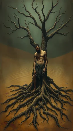 Bosch painting style nightmare, a man with tree roots legs in the ground , in the desert sands , dramatic sad scene, fantasy, scary.