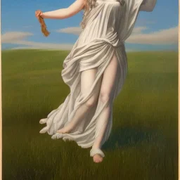 Roman goddess in a field with a flowing dress