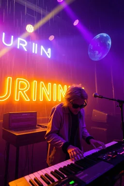 French cool synth player with crazy techno acid hair, he is called "Jean-Maurice Brûlée" performing at dance club, his name is "Jean-Maurice Brûlée" , white and purple Neon lights and purple smog, yellow shower rain, and "URINIUM" big sign on the wall, he is playing on synthesizers on stage with lot of laser beams and wearing black sunglasses, an earth is projected in background