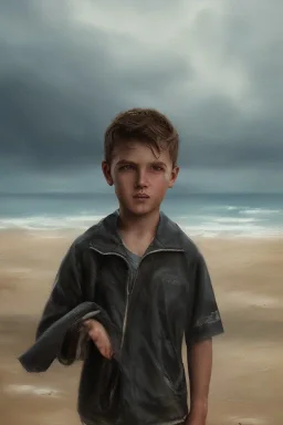 desaturated oil painting of boy on beach, old clothes, dark storm clouds overhead, gloomy, bleak, little fires