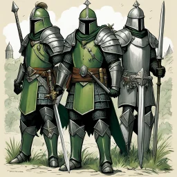 franco-belgian comics style mixed with 70´s oil pulp for AD&D illustrated by Andrew MacLean: the green knight Arthurian Lore Concept: vegetal helmet, armour, and weapons with their blueprint: sword, shield, helmet, plate, and all the package of a knight-errant