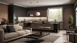 Cozinhaminimalista grande, paredes castanhas e pretas, moderna , com sofa, planta grande